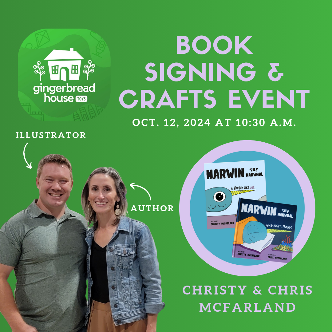 Join us at Gingerbread House Toys on October 12th at 10:30 AM for a book signing, storytime, and crafts with local authors Chris and Christy McFarland. Perfect for families!