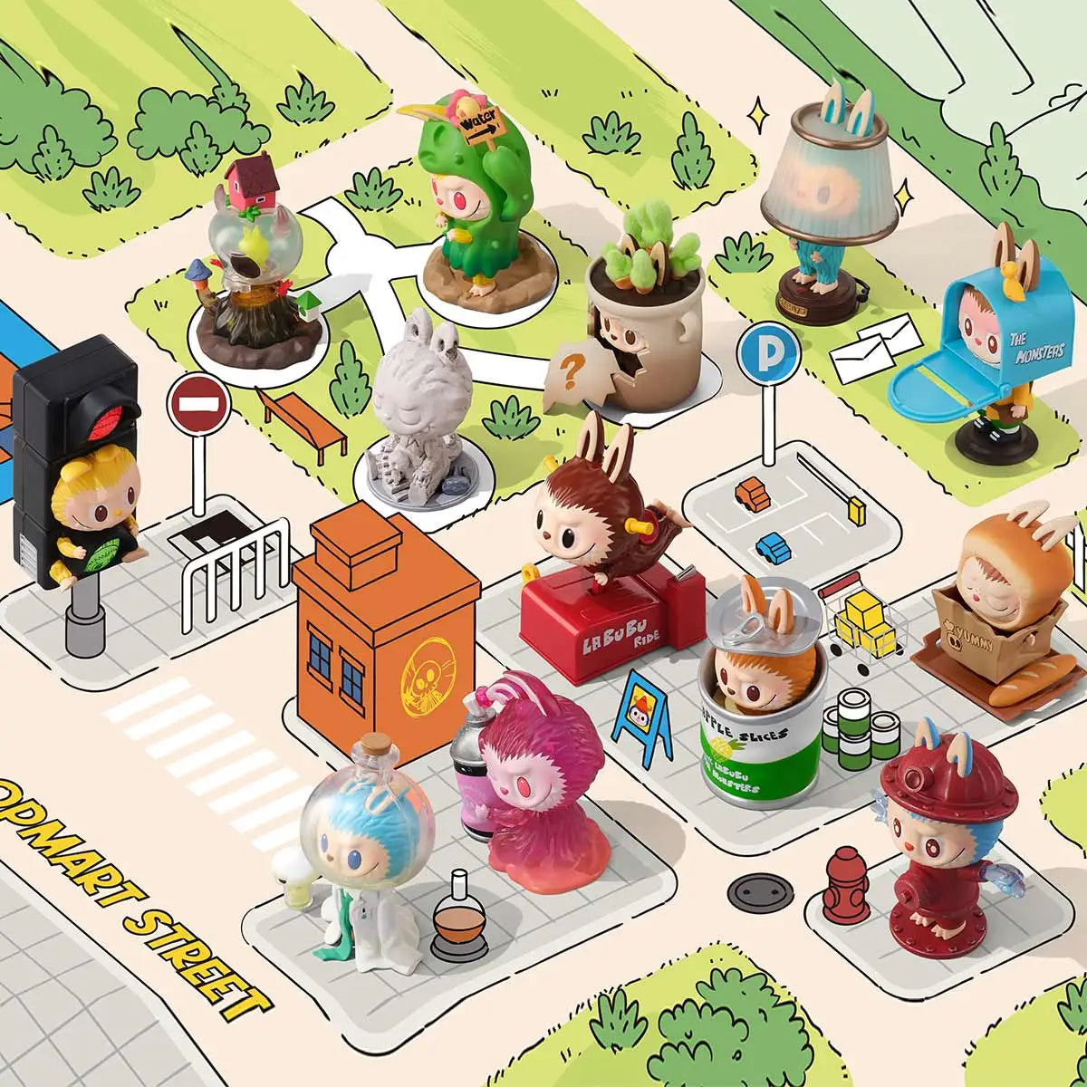 Collection of Almost Hidden Series Labubu figures including traffic light, cactus, and flower pot designs.