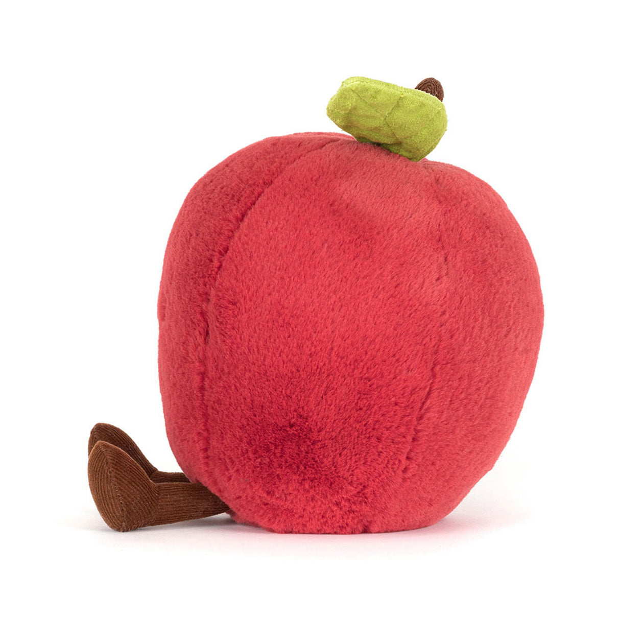 Plush toy shaped like a red apple with a green stem on a white background
