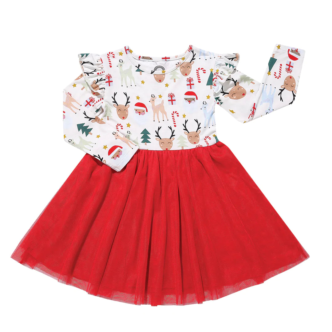 Santa and Friends Christmas Holiday Baby Tulle Bamboo Dress - 12-18m