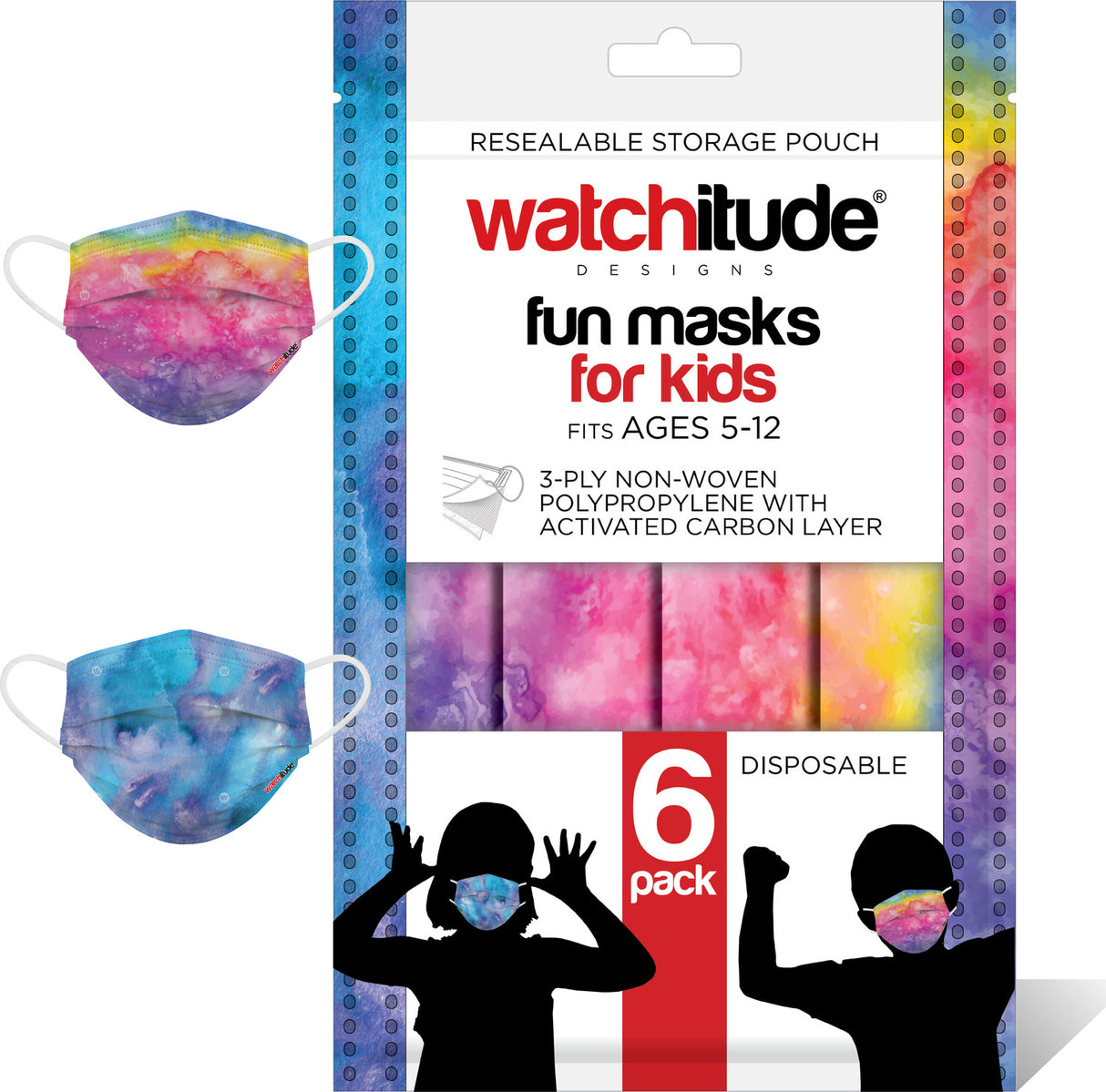 6 Pack Kids Masks  - Rainbow Tie Dye + Purple Tie Dye