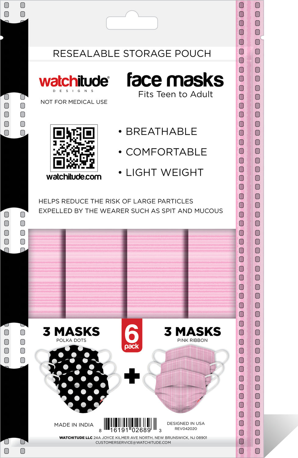 6 Pack Adult Masks - Pink Ribbon + Polka Dots