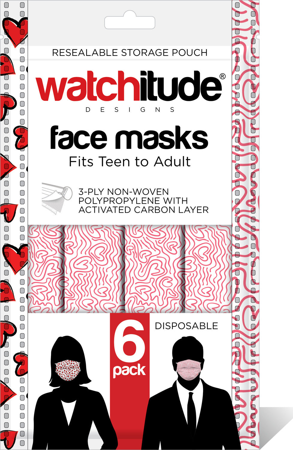 6 Pack Adult Masks  - Hearts + Maze