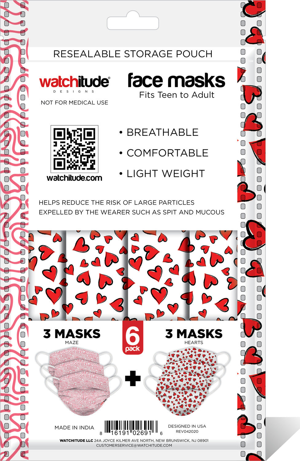 6 Pack Adult Masks  - Hearts + Maze