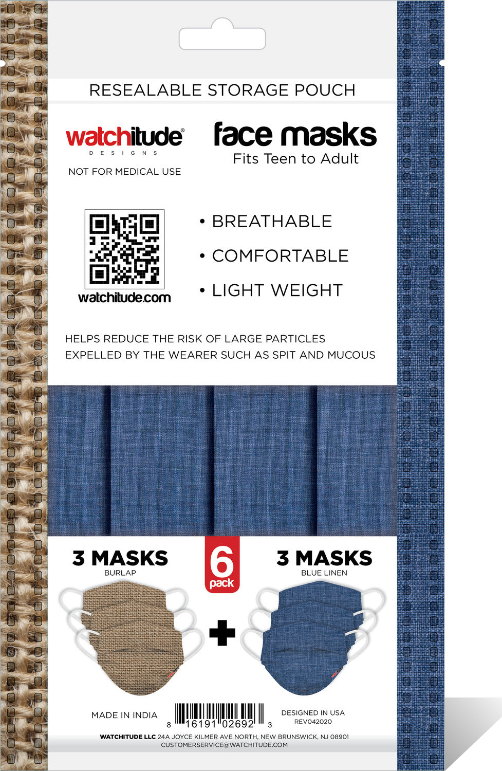 6 Pack Adult Masks - Burlap +  Blue Linen