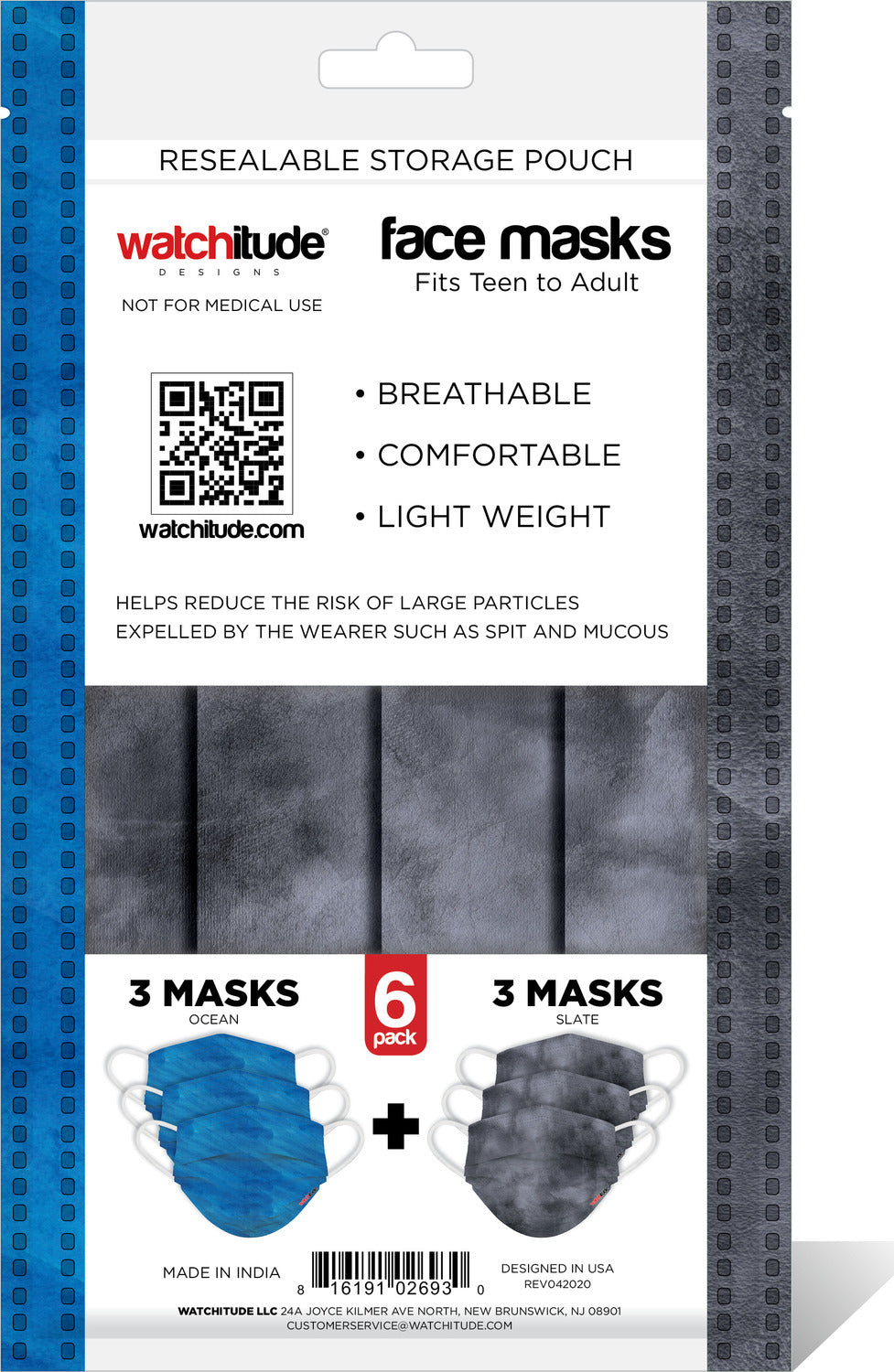 6 Pack Adult Masks - Slate +  Ocean
