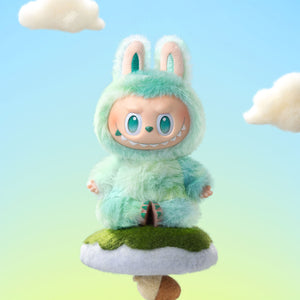 Close-up of plush Labubu Hope (blue) from Big Into Energy series with keychain.