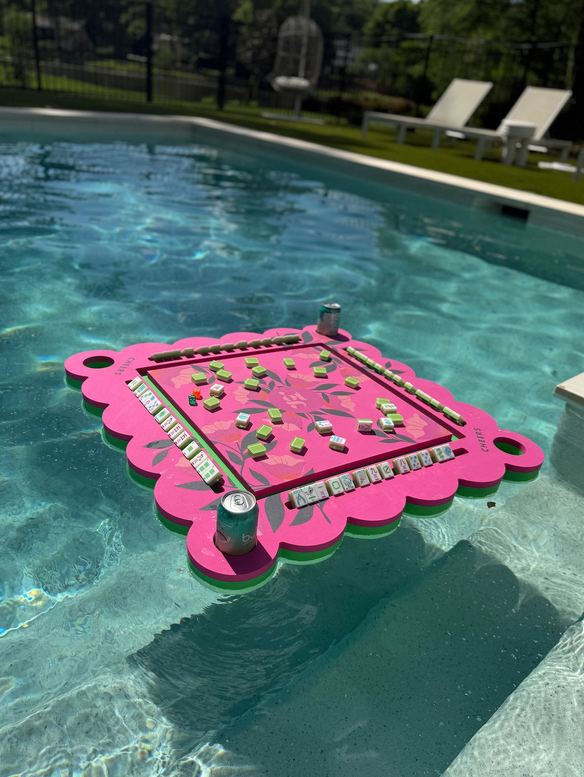 Floating Mahjong Tile Mat in Neon Floral Pink