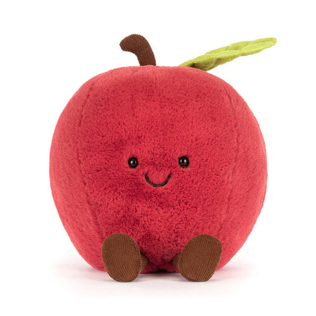 Plush toy shaped like a red apple with a smiling face on a white background