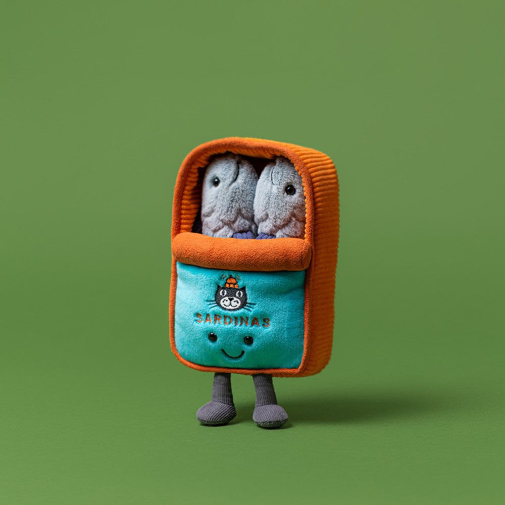 Jellycat Amuseables Sardine Tin plush with smiling sardines inside a soft fabric can