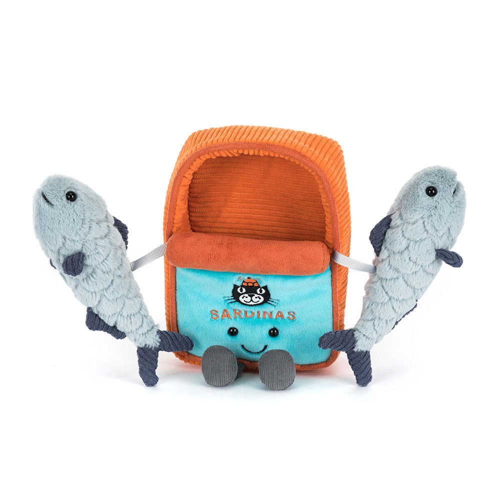 Jellycat Amuseables Sardine Tin plush with smiling sardines inside a soft fabric can