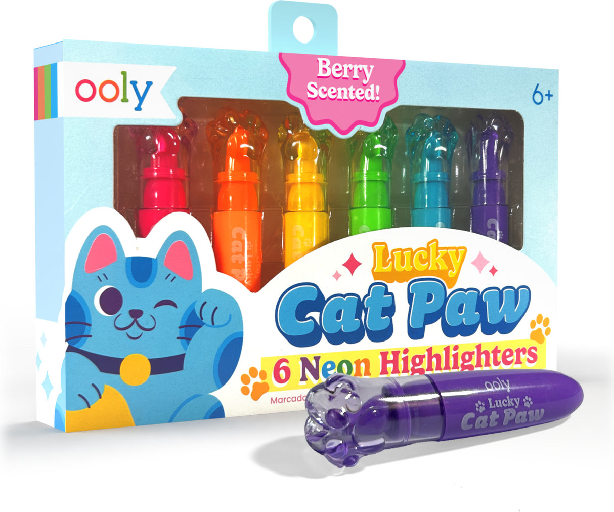 Lucky Cat Paw Scented Neon Highlighters - Set of 6