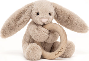 Bashful Beige Bunny Wooden Ring Rattle