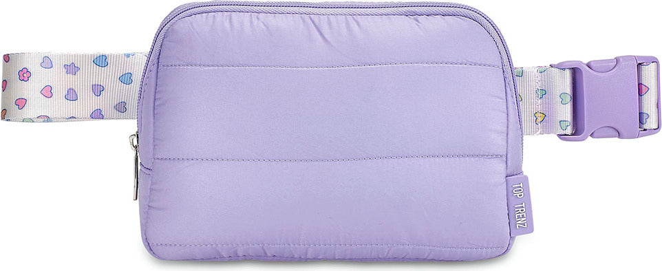 Purple Puffer Belt Bag with Rainbow Heart Strap