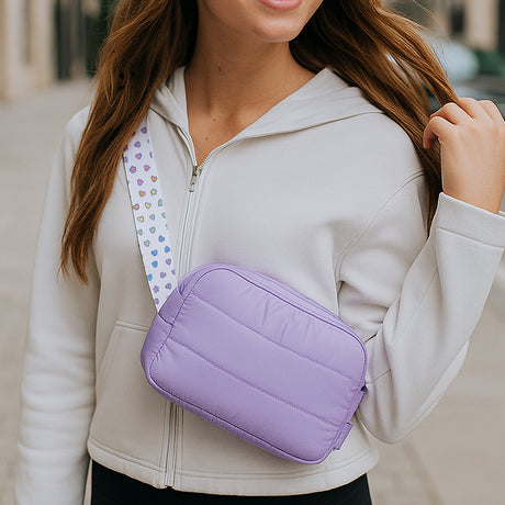 Purple Puffer Belt Bag with Rainbow Heart Strap