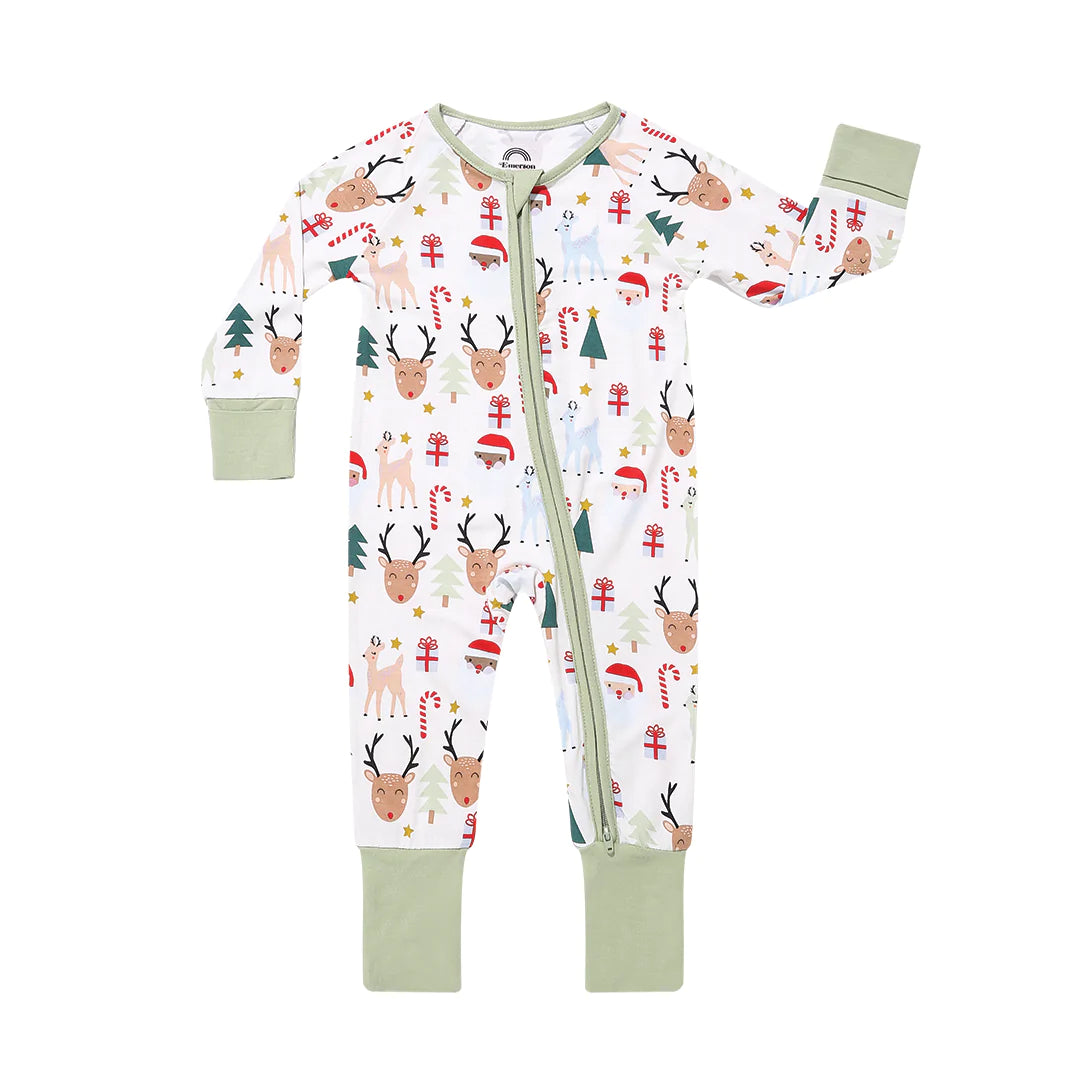 Santa and Friends Christmas Holiday Baby Convertible Footed Bamboo Pajama - 0-3m