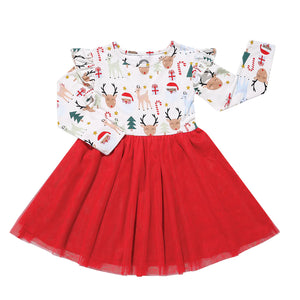 Santa and Friends Christmas Holiday Baby Tulle Bamboo Dress - 12-18m