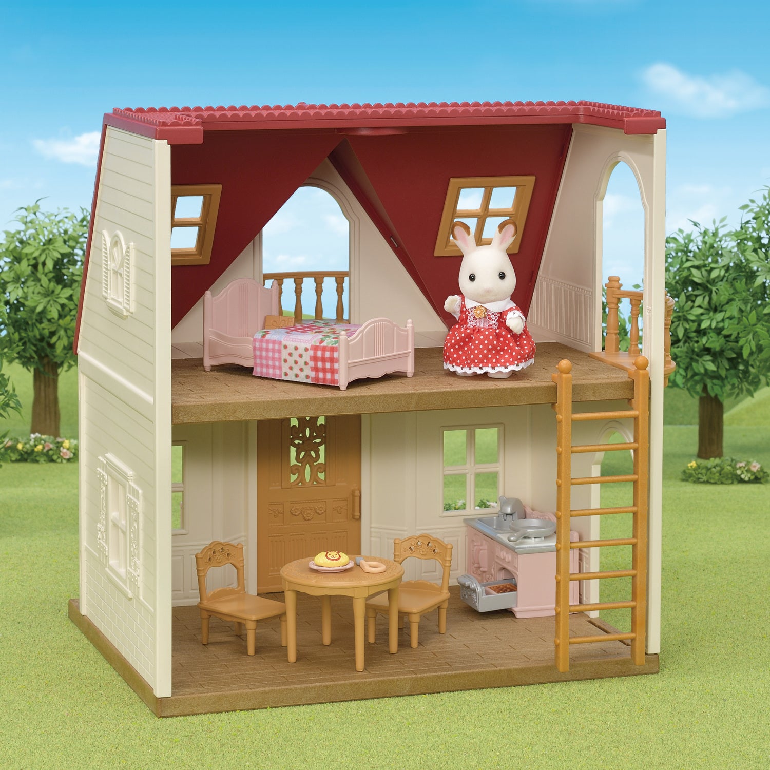 Calico Critters Red Roof Cozy Cottage with Hopscotch Bunnies and Car high quality