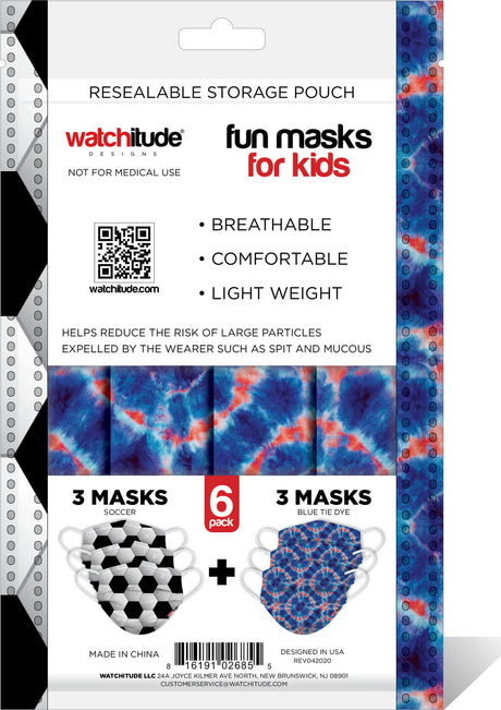 6 Pack Kids Masks  - Soccer + Blue Tye Die