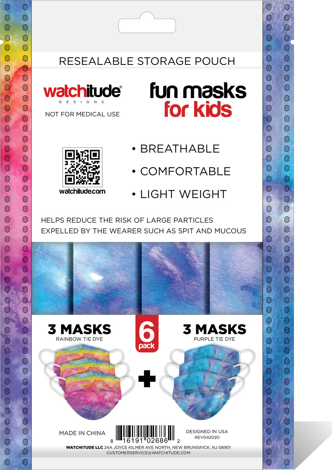 6 Pack Kids Masks  - Rainbow Tie Dye + Purple Tie Dye