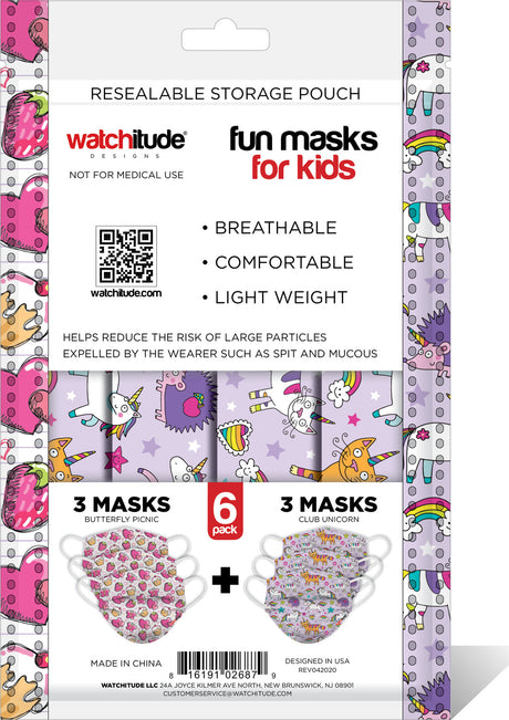 6 Pack Kids Masks  - Butterfly Picnic + Club Unicorn