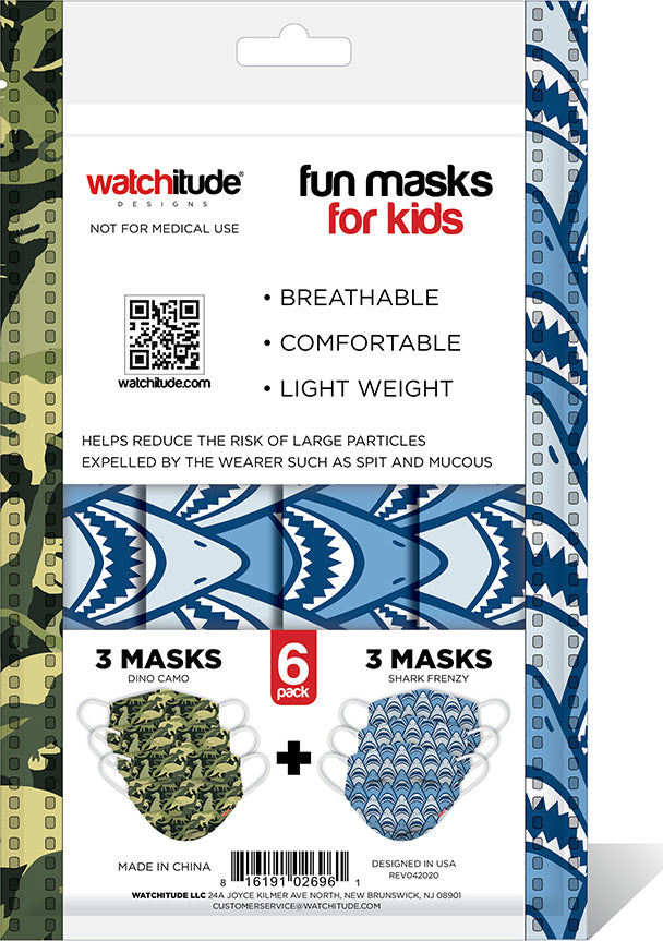 6 Pack Kids Mask -  Shark Frenzy + Dino Camo