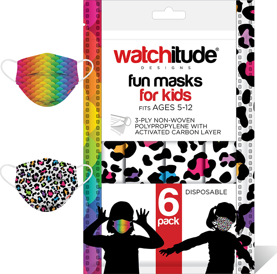 6 Pack Kids Mask - Leopard Camo + Rainbow Skin